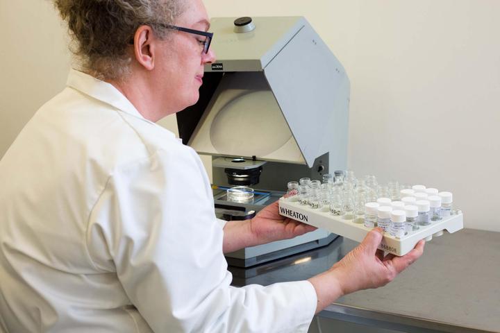 Technician visually inspecting hydrogel material samples for polymer engineering, research and development project